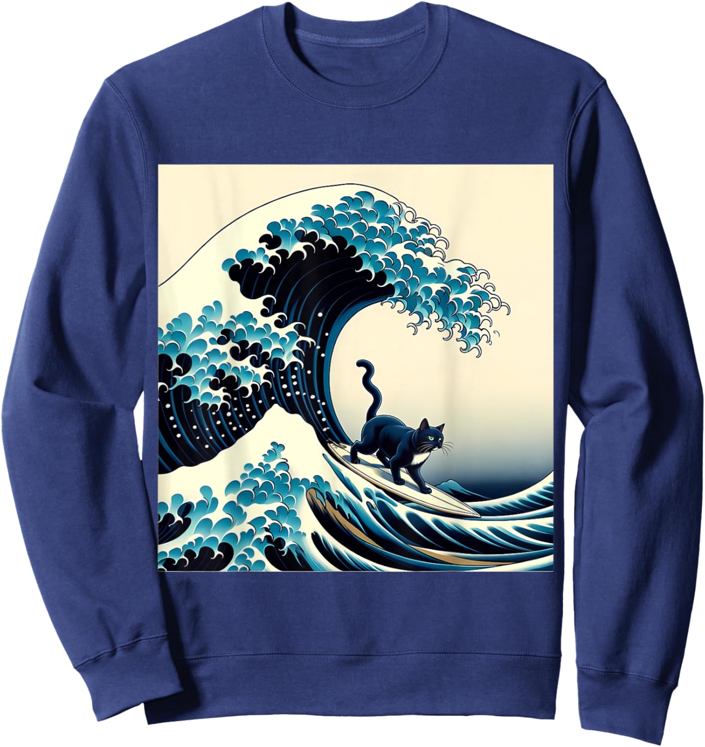 Black Cat With Surf Surfing The Great Wave Men Women Kids Sweatshirt - Sweatshirt | Navy
