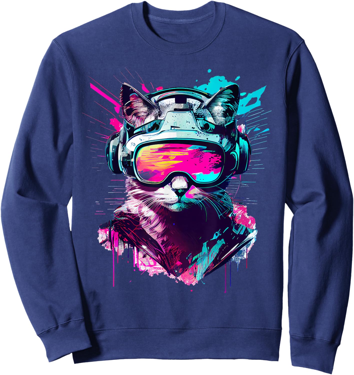 Funny VR Gamer Cat in VR Headset Virtual Reality Gaming Sweatshirt - Sweatshirt | Navy