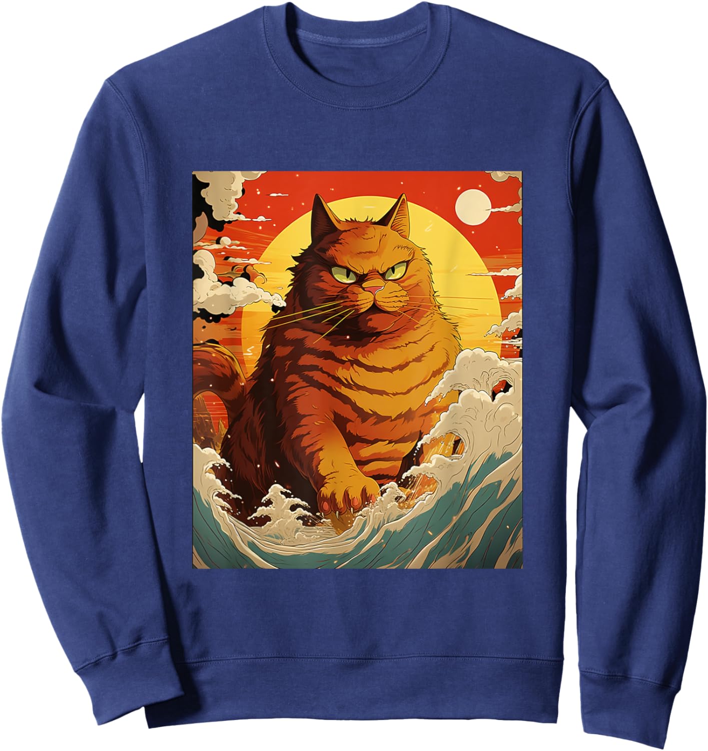 Catzilla Vintage Funny Cute Cat Art Japanese Sunset Waves Women Sweatshirt - Sweatshirt | Navy