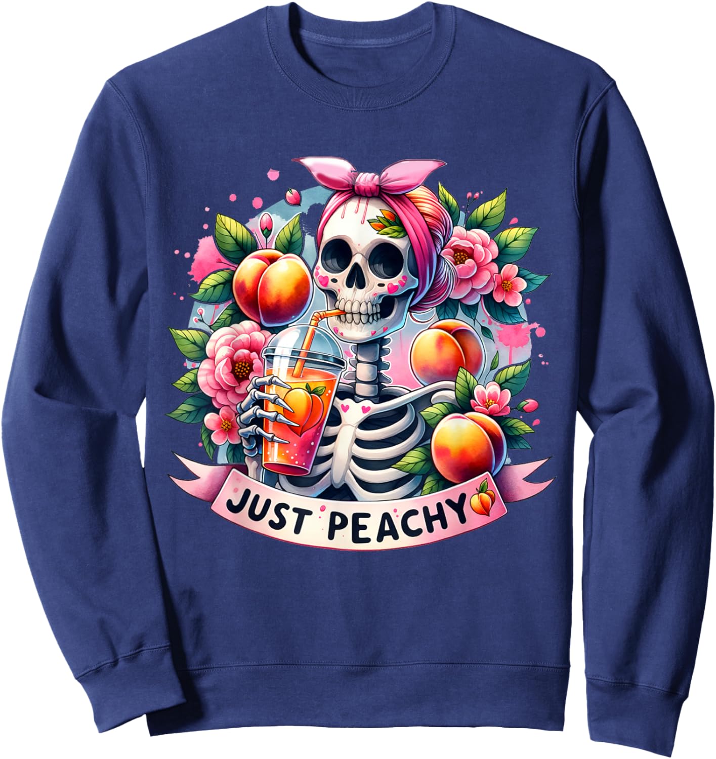 Just Peachy Skeleton Retro 70s Hippie Summer Vibes Funny Women Sweatshirt - Sweatshirt | Navy