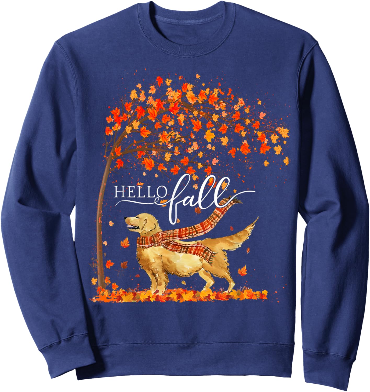 Hello Fall Tree Thanksgiving Dog Lover Golden Retriever Women Sweatshirt - Sweatshirt | Navy