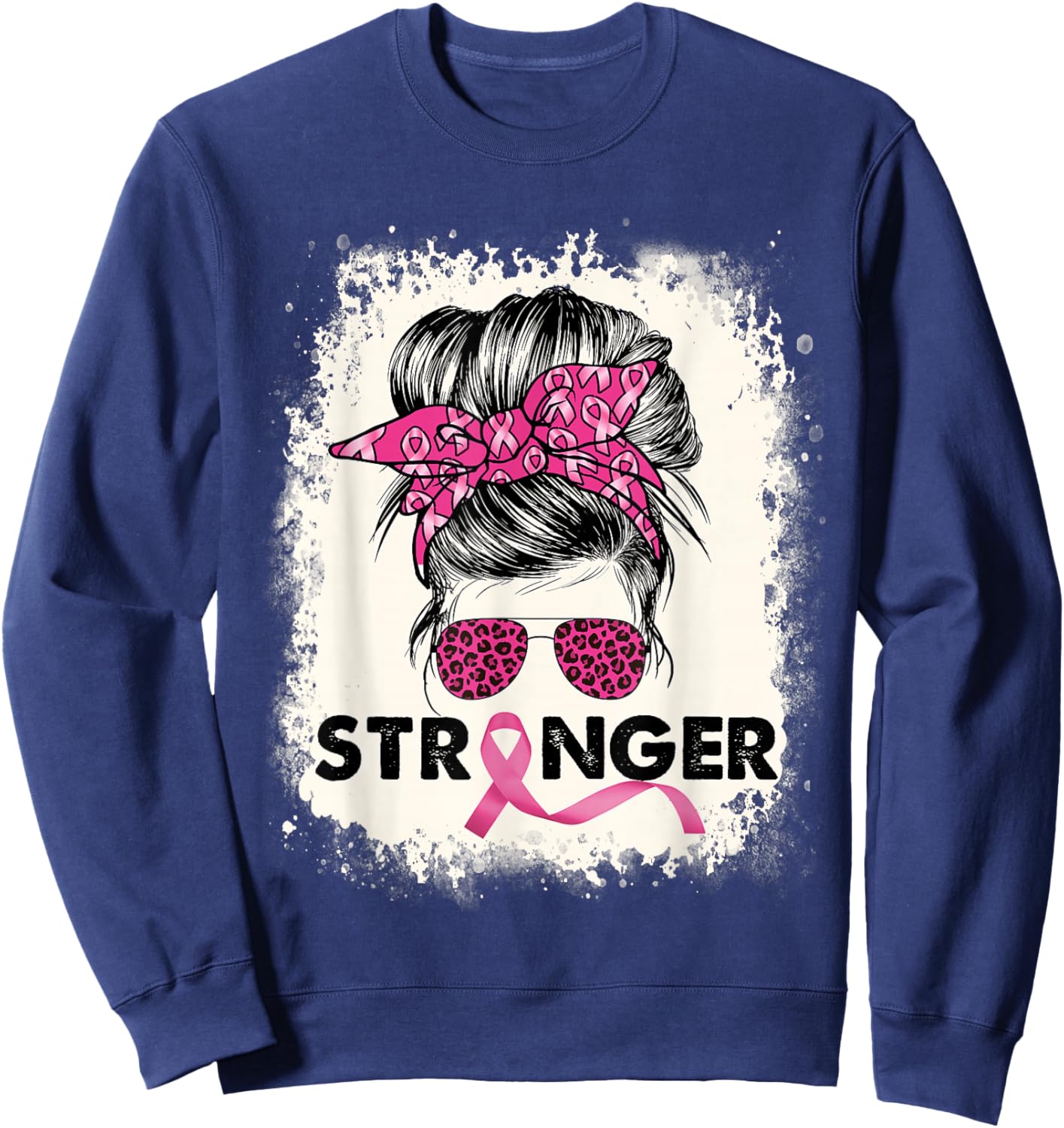 Stronger Messy Bun Breast Cancer Awareness Pink Warrior Sweatshirt - Sweatshirt | Navy