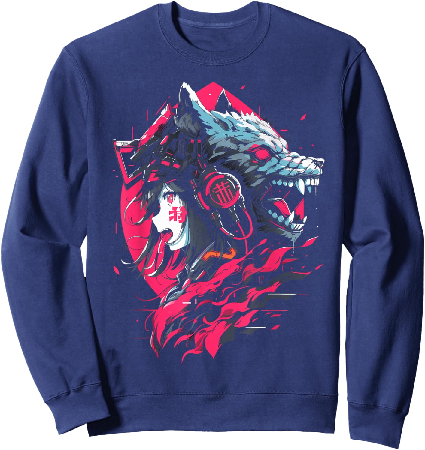 Anime Manga Cyberpunk Aesthetic Techwear Harajuku | Wolf Sweatshirt - Sweatshirt | Navy