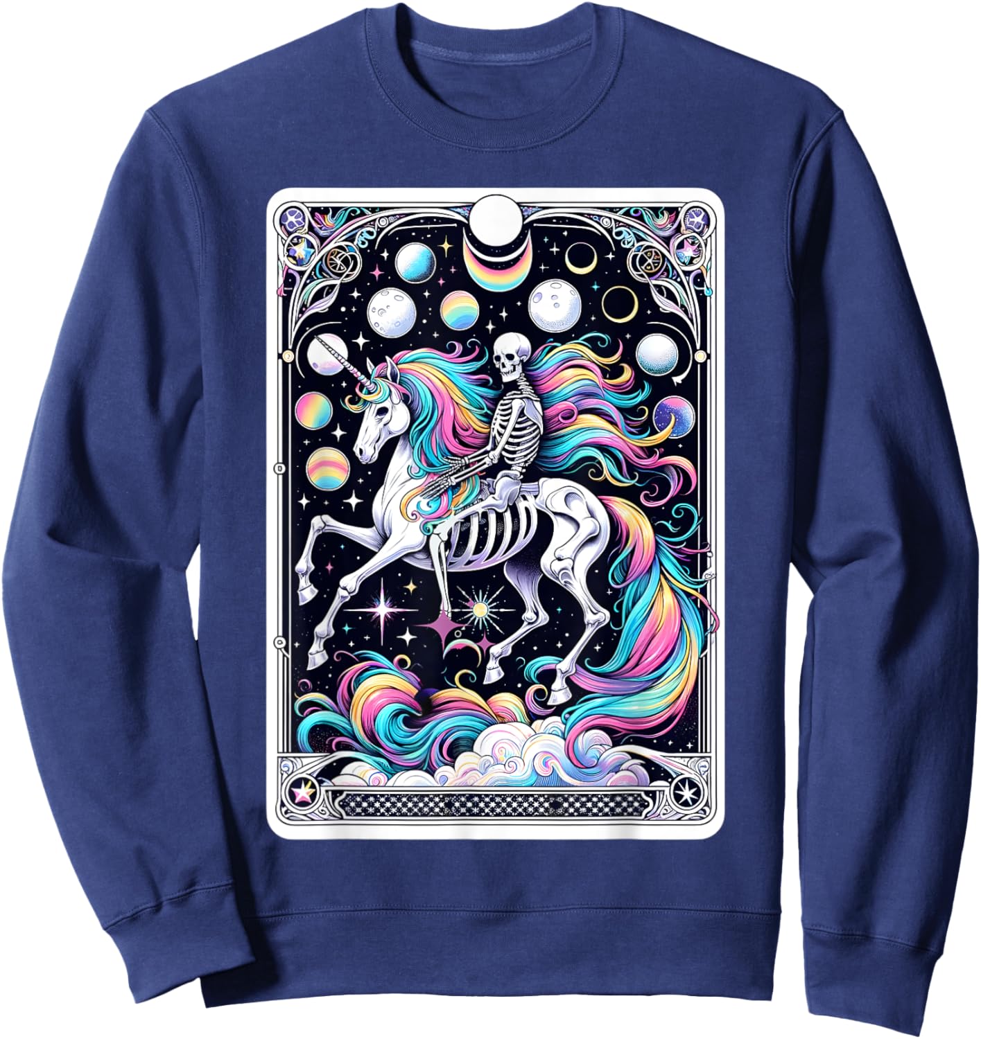Skeleton Riding Unicorn Tarot Card Celestial Fantasy Art Sweatshirt - Sweatshirt | Navy
