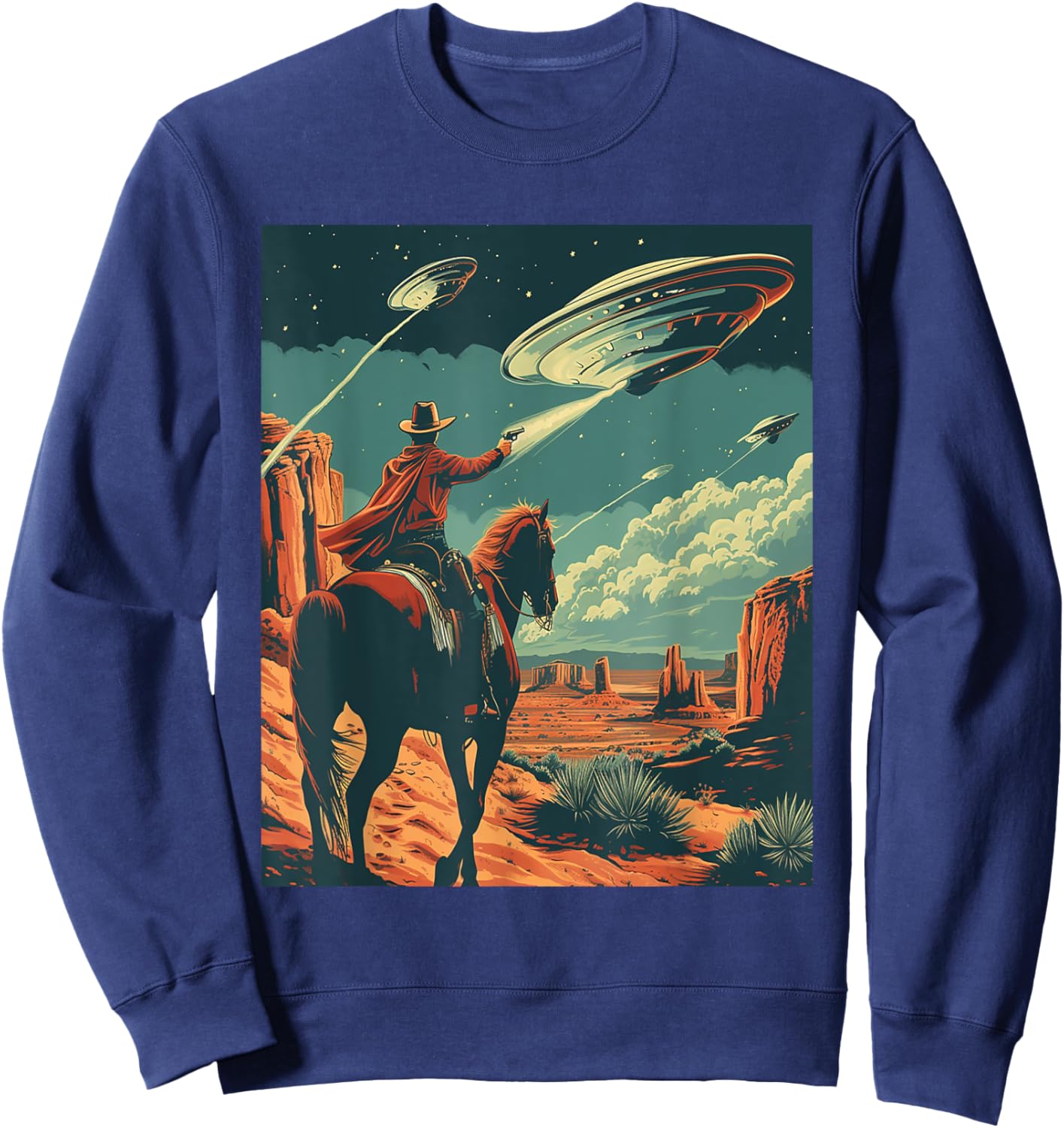 Retro Desert Cowboy Riding Horse Shooting At Space UFO Art Sweatshirt - Sweatshirt | Navy