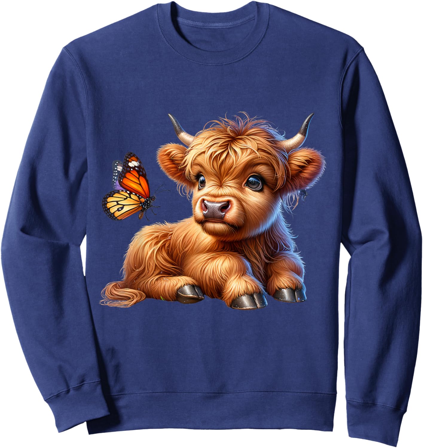 Cow, Scottish Highland Cow with Butterfly, Highland Cow Sweatshirt - Sweatshirt | Navy