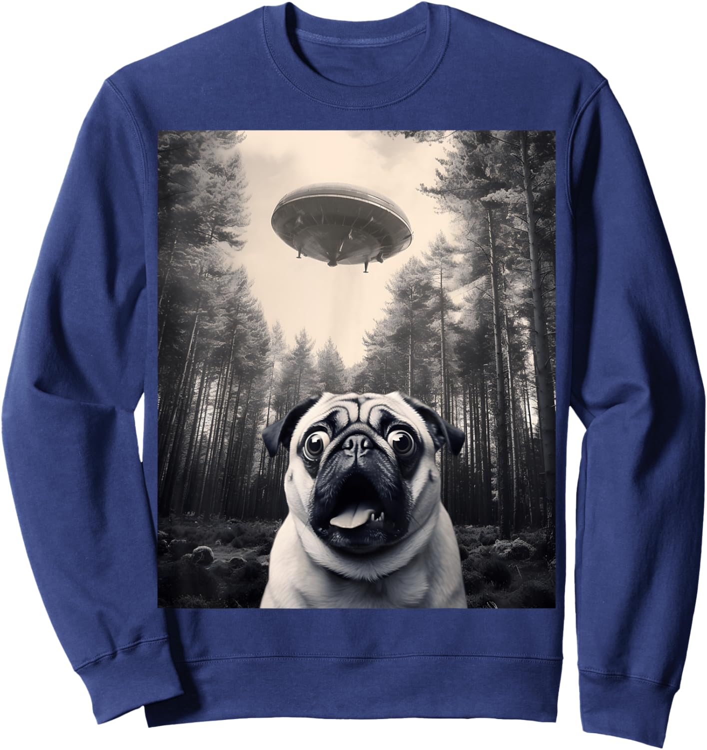 Cool Pug Selfie with UFOs Funny Pug Costume Alien Spaceship Sweatshirt - Sweatshirt | Navy
