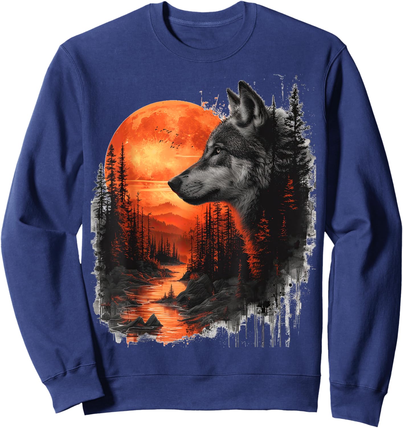 Wolf in front of moon and trees wolves wild animal Sweatshirt - Sweatshirt | Navy