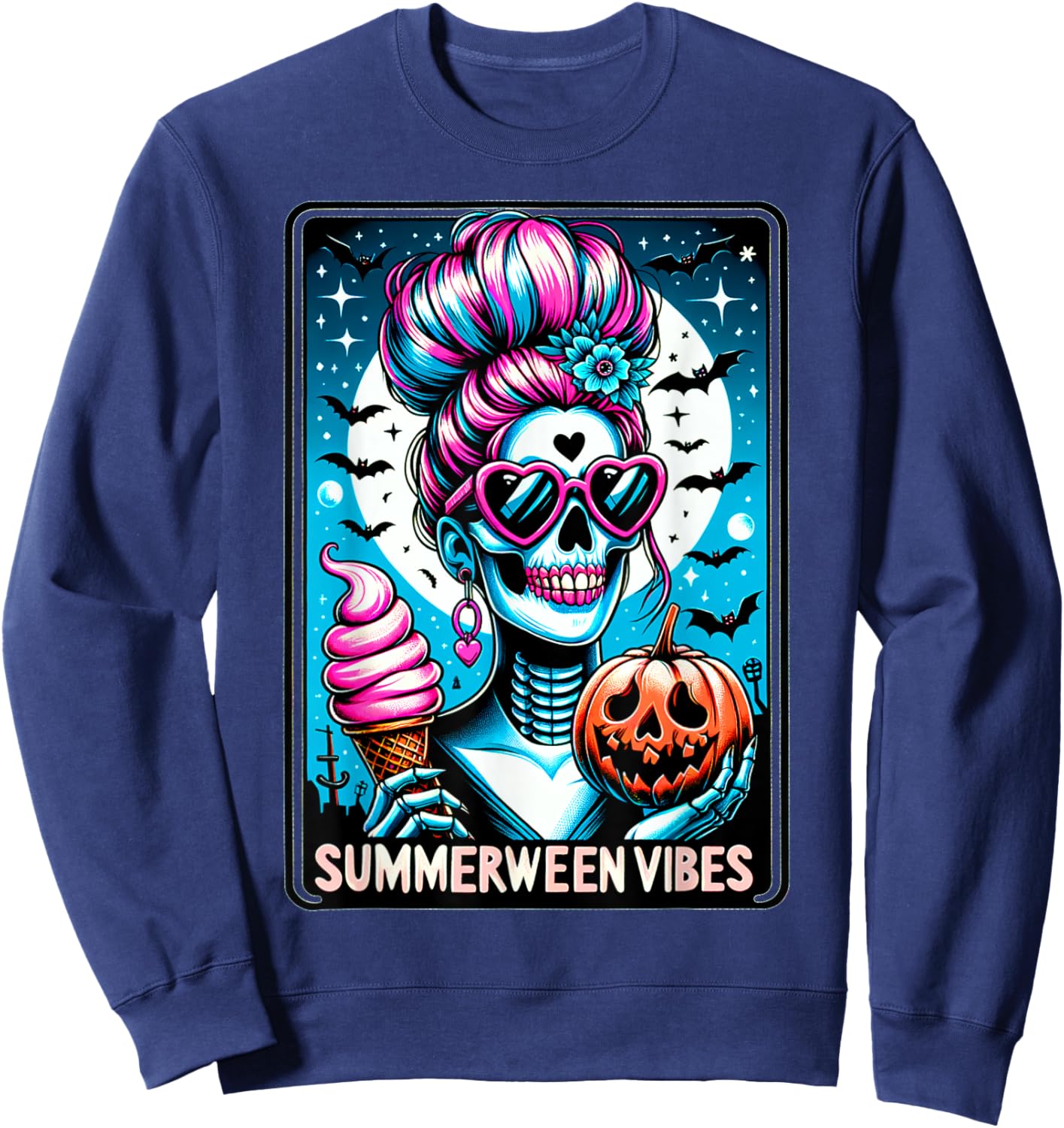 Summerween Vibes Skeleton Ice Cream Summer Vacation Funny Sweatshirt - Sweatshirt | Navy