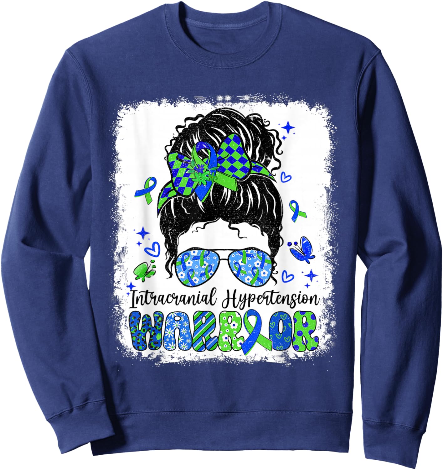 Warrior Messy Bun Green Blue Intracranial Hypertension Sweatshirt - Sweatshirt | Navy