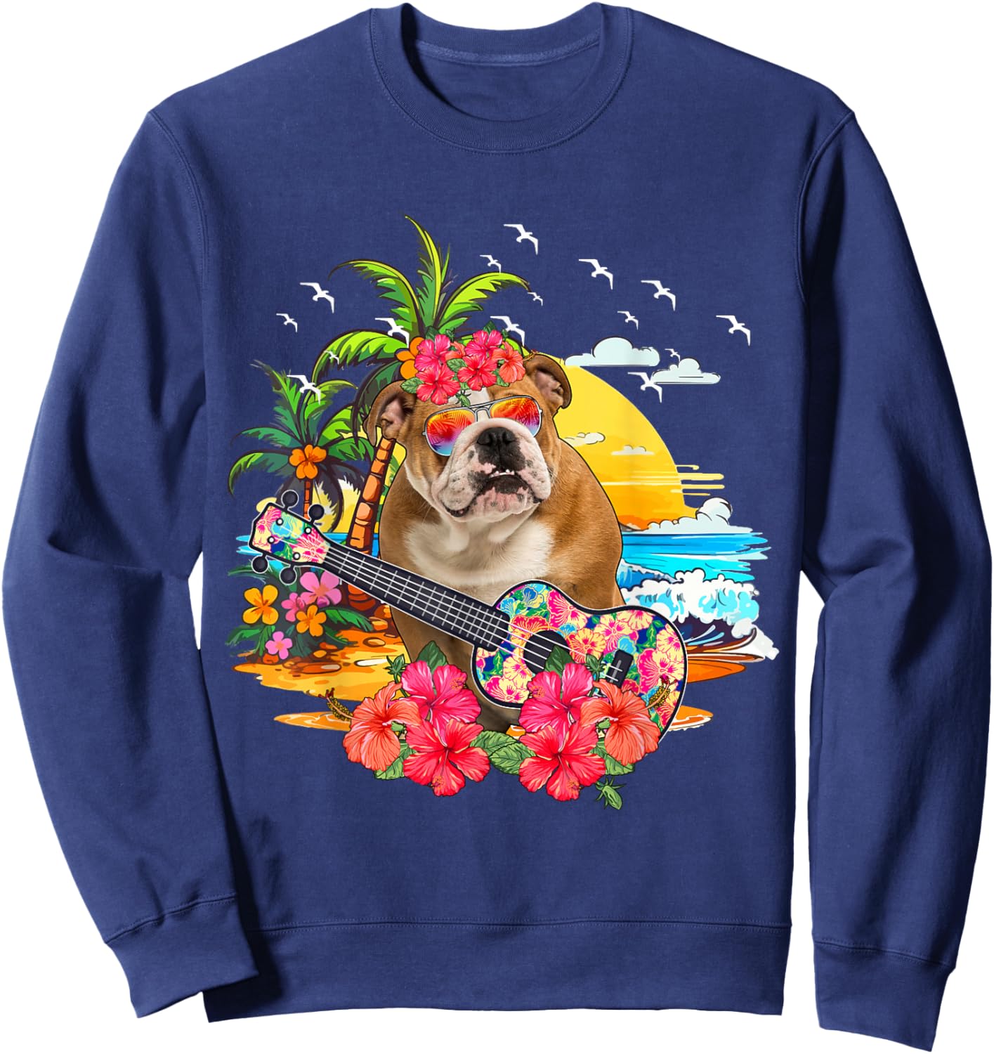 Hawaiian Floral Bulldog Sunglasses Playing Guitar On Beach Sweatshirt - Sweatshirt | Navy