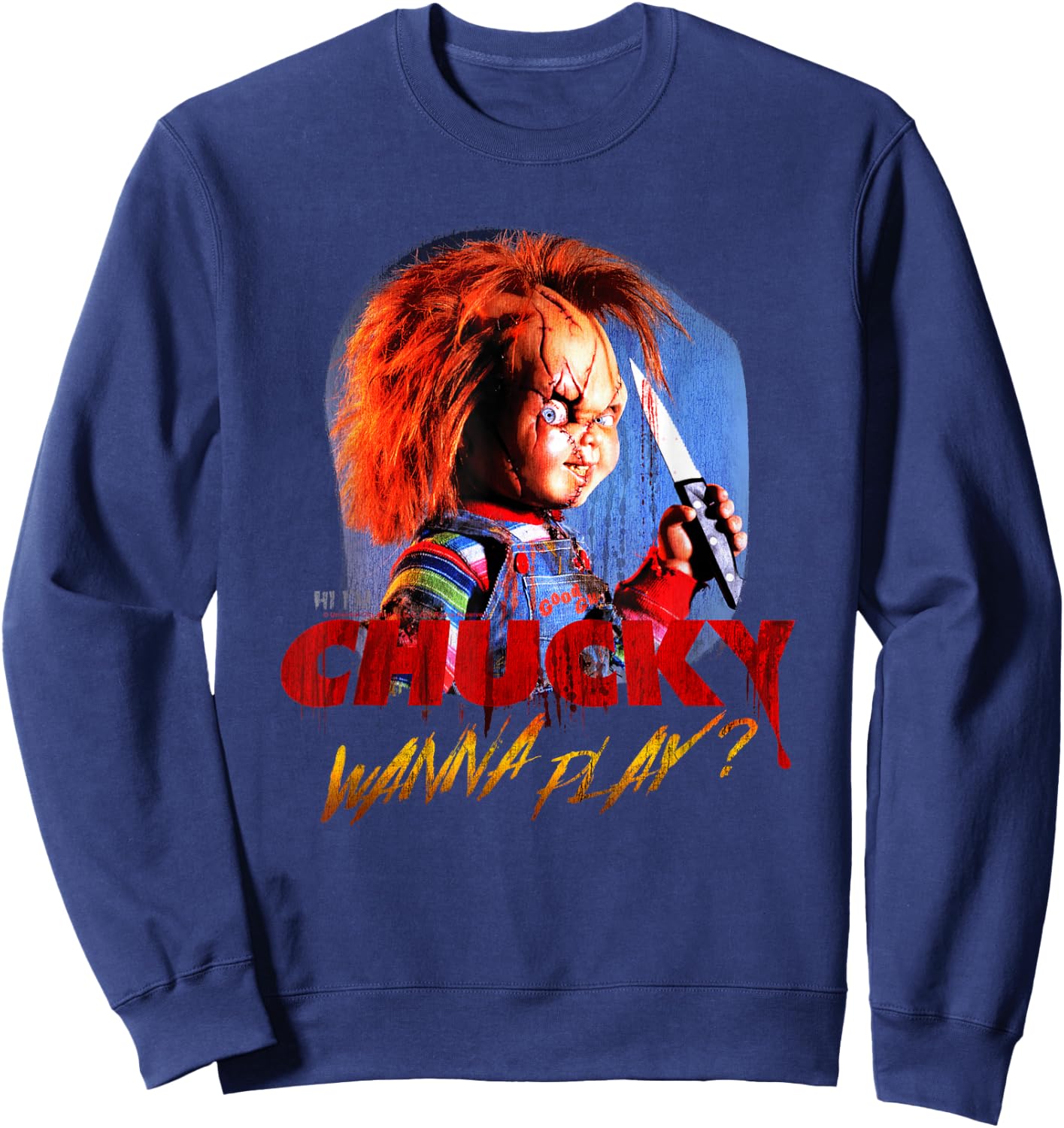 Child's Play Chucky Wanna Play Creepy Portrait Small Sweatshirt - Sweatshirt | Navy
