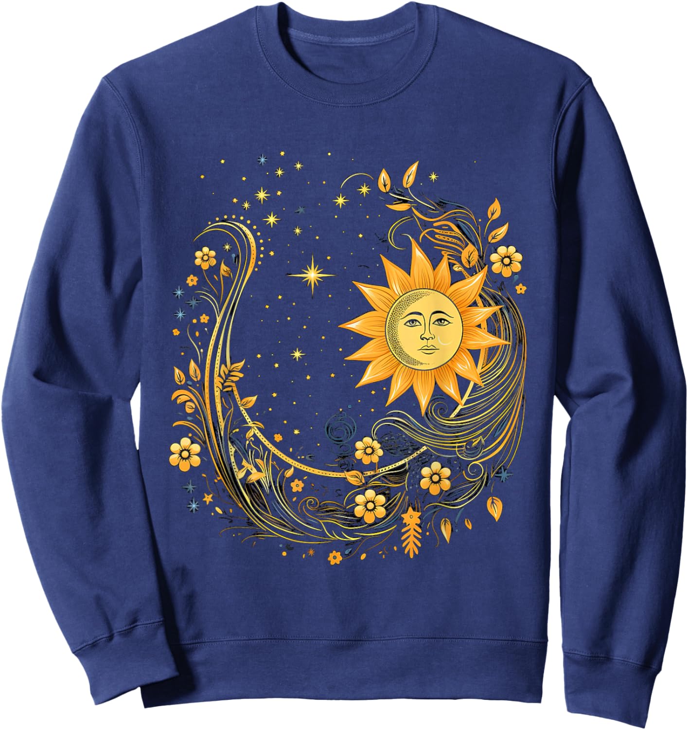 Mystical Sun and Moon with Woman Mystical Flowers Aesthetic Sweatshirt - Sweatshirt | Navy