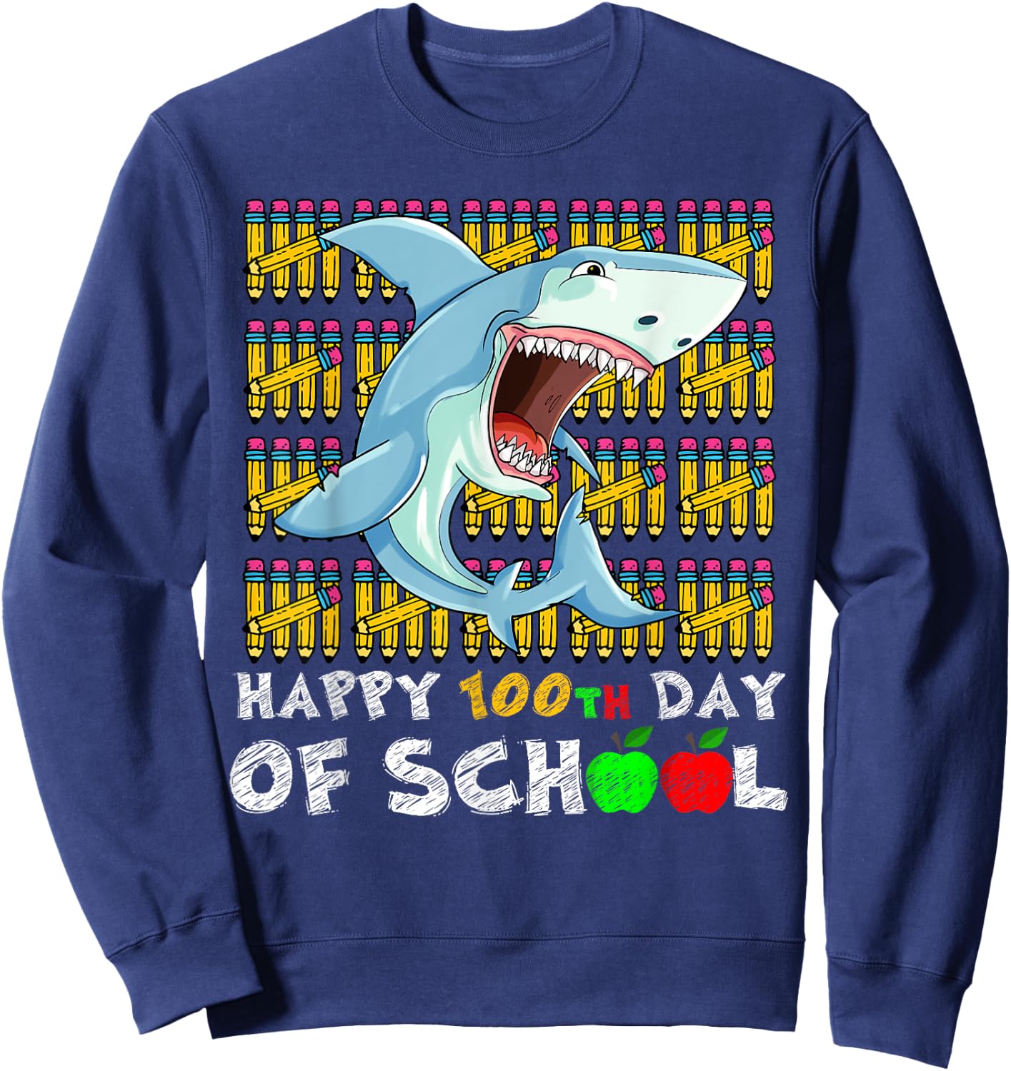 Happy 100th Day Of School Shark Funny Teacher Student Kids Sweatshirt - Sweatshirt | Navy