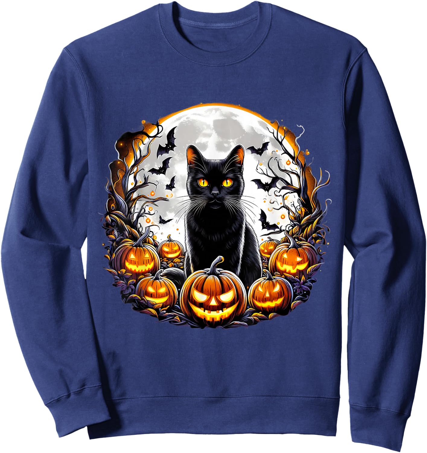 Black Cat Halloween Full Moon Bat Pumpkin Night Scary Women Sweatshirt - Sweatshirt | Navy
