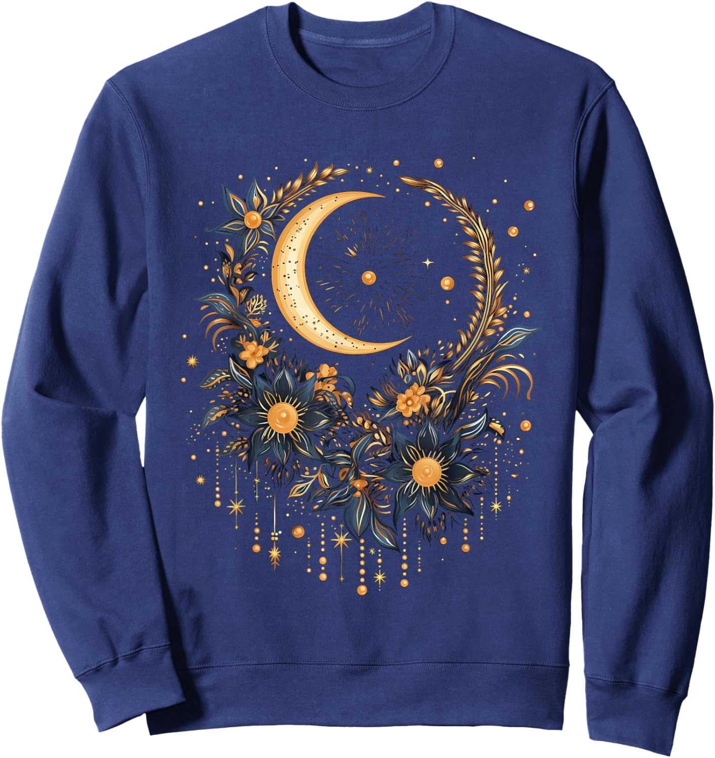 Mystical Sun and Moon with Woman Mystical Flowers Aesthetic Sweatshirt - Sweatshirt | Navy