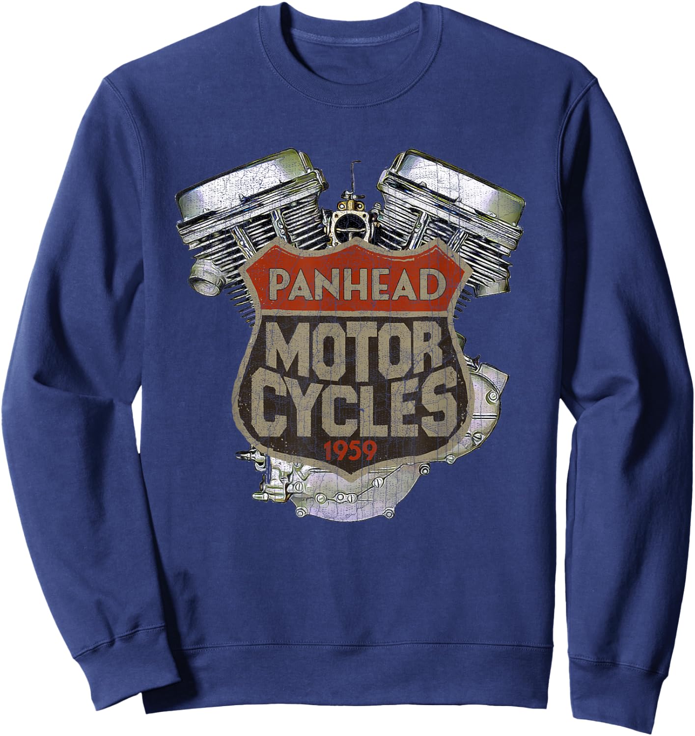 1959 Panhead Motorcycle Vintage Distressed Biker Chopper Rat Sweatshirt - Sweatshirt | Navy