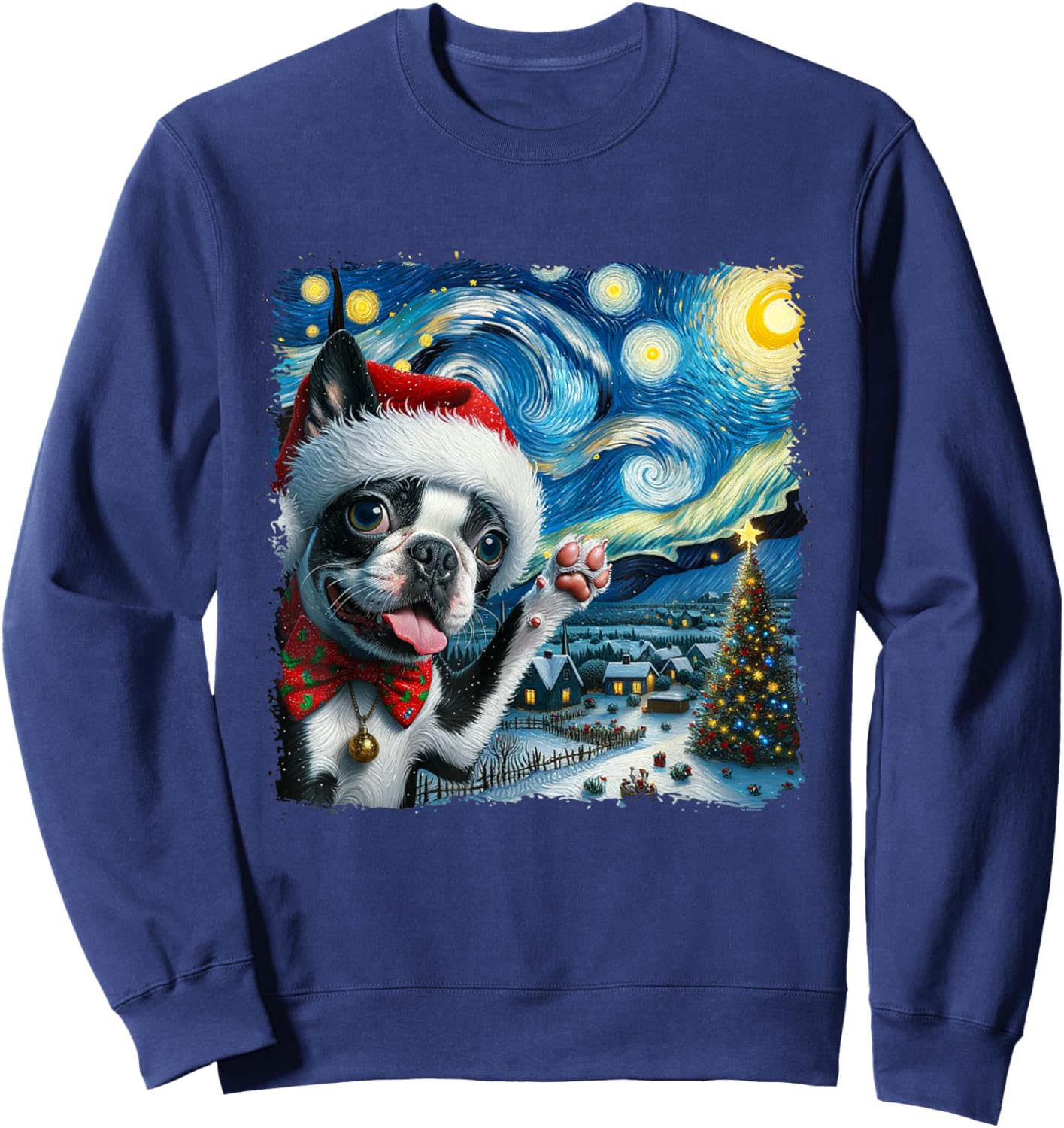 Boston Terrier Santa Starry Night Van Gogh Christmas Dog Men Women Kids Sweatshirt - Sweatshirt | Navy