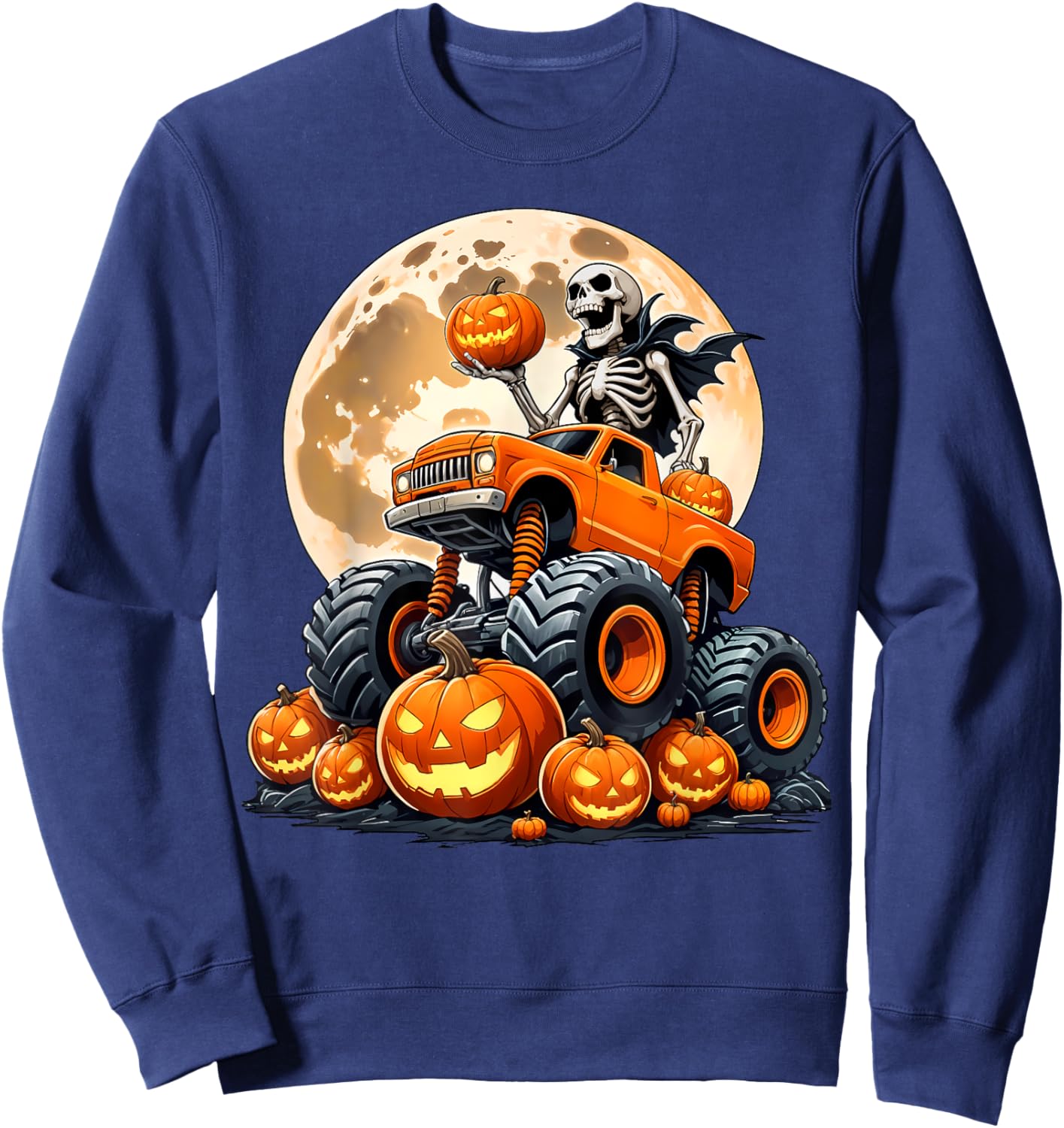 Skeleton Riding Monster Truck Halloween Pumpkin Kids Toddler Sweatshirt - Sweatshirt | Navy