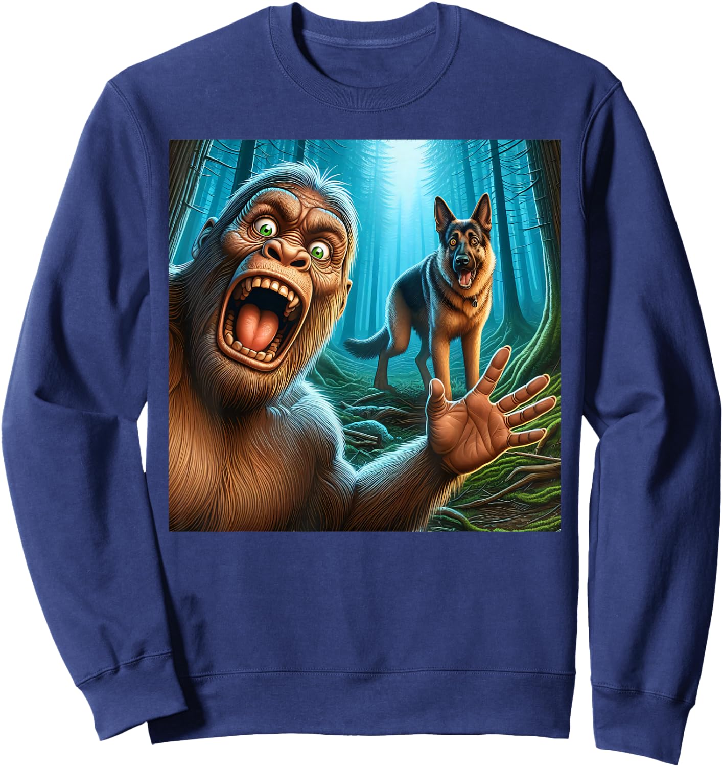 Bigfoot selfie with German shepherd surprised sasquatch Sweatshirt - Sweatshirt | Navy