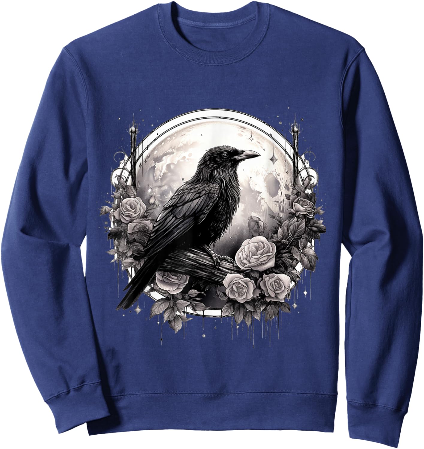 Raven Full Moon Gothic Witchy Crow Roses Mystical Sweatshirt - Sweatshirt | Navy