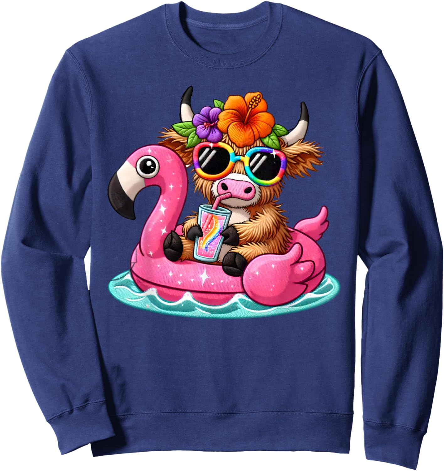 Highland Cow Flamingo Pool Float Summer Hawaii Beach Family Sweatshirt - Sweatshirt | Navy