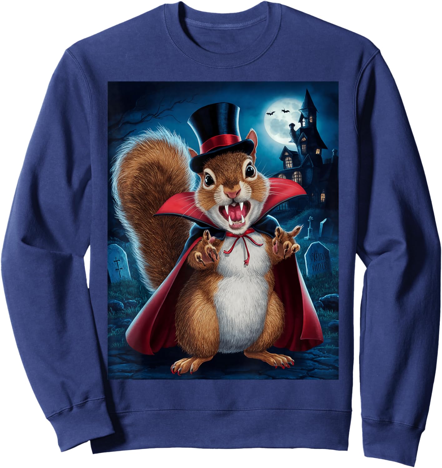 Vampire Squirrel Cartoon In Graveyard For Halloween Sweatshirt - Sweatshirt | Navy