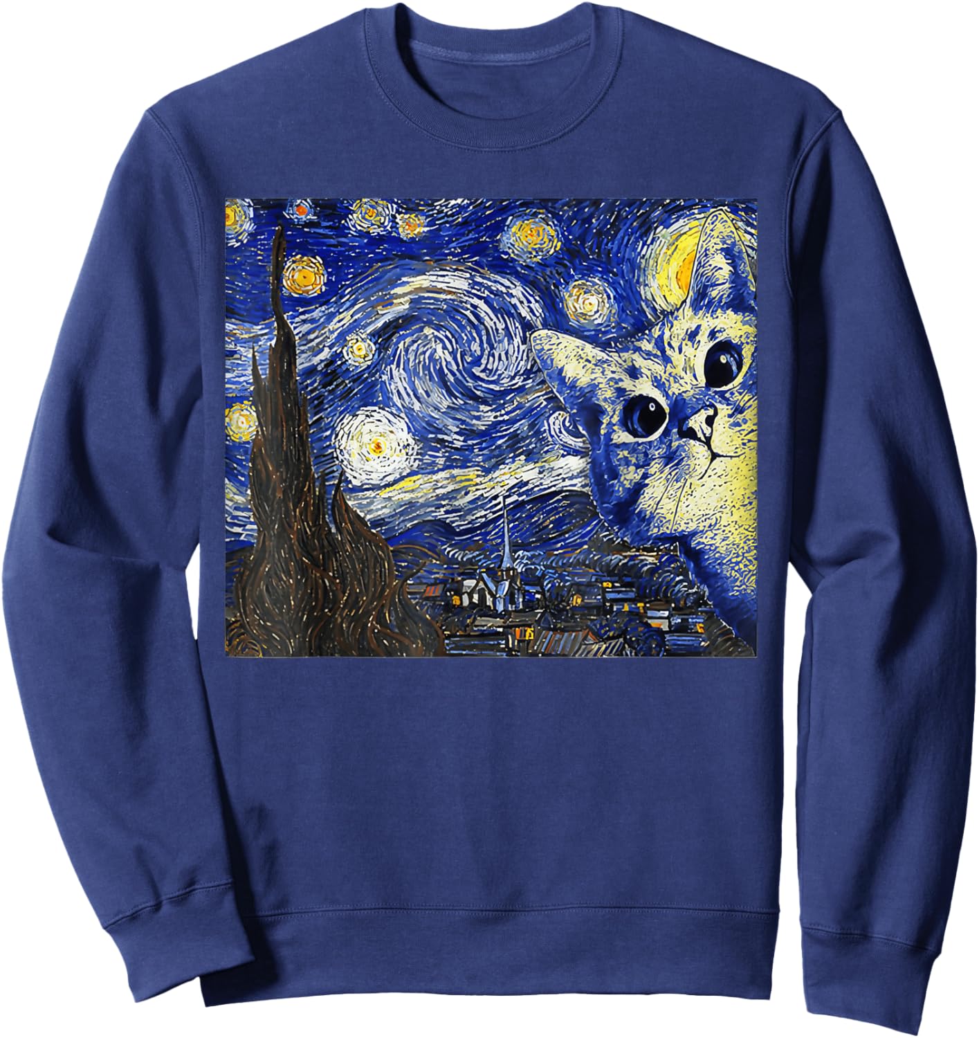 Cat , Starry Night Cat, Cat Shirt, Van Gogh Cat Sweatshirt - Sweatshirt | Navy