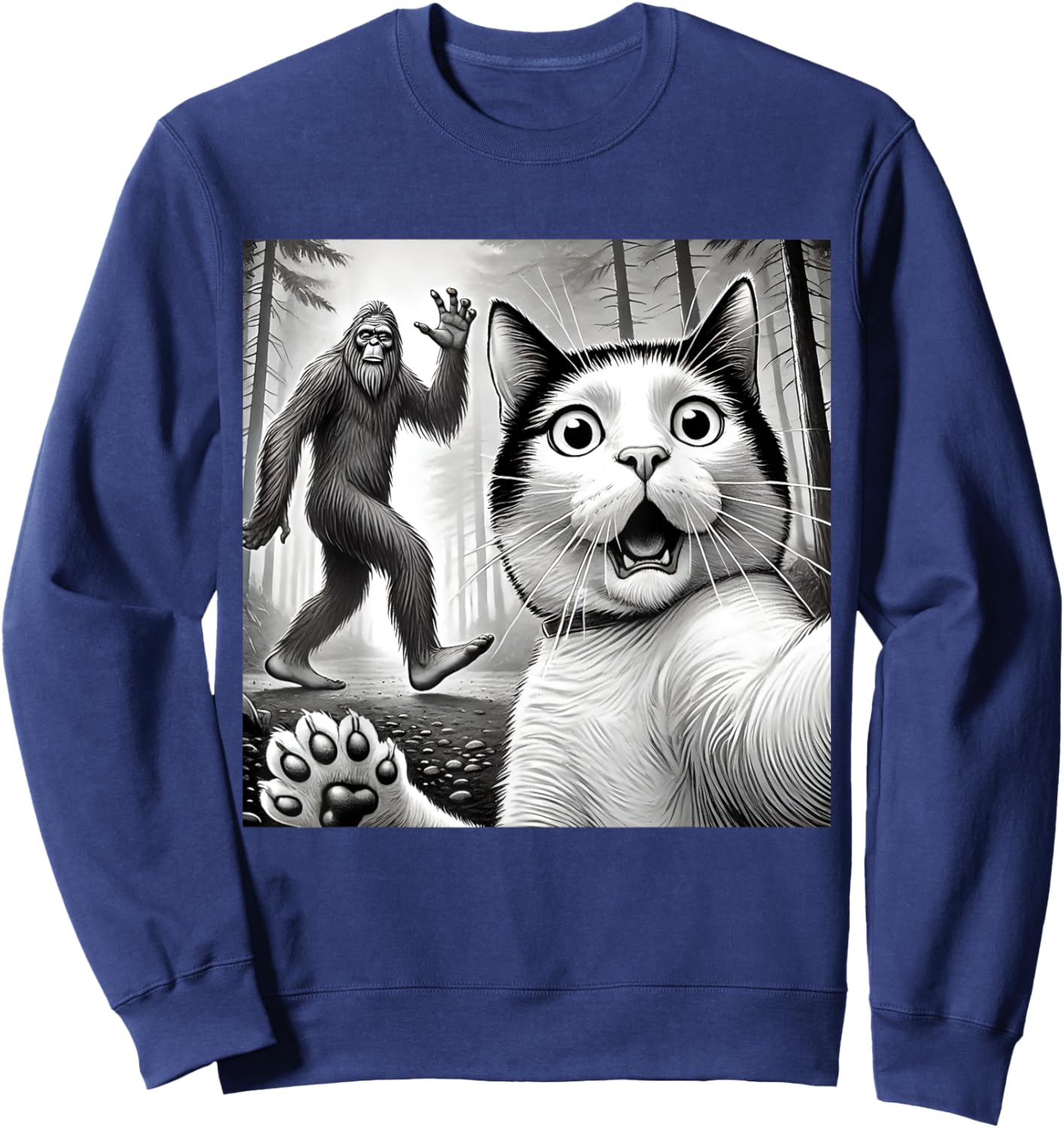 Funny Surprised Scared Cat Taking Selfie with Bigfoot Women Kids Sweatshirt - Sweatshirt | Navy