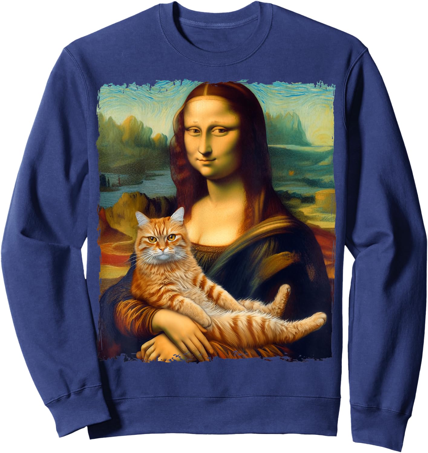Mona Lisa Holding Cat Portrait Art Painting Kitty Cat Mom Men Women Kids Sweatshirt - Sweatshirt | Navy