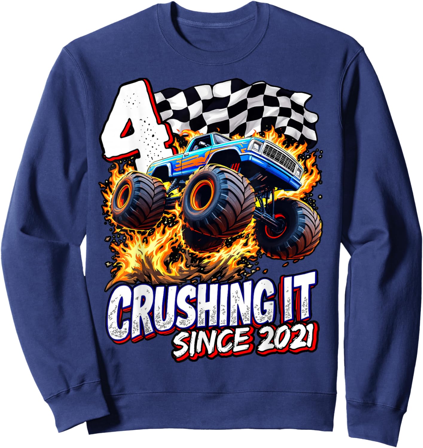 Birthday Monster Truck 4 year Old Boys 4th Party Born 2021 Sweatshirt - Sweatshirt | Navy