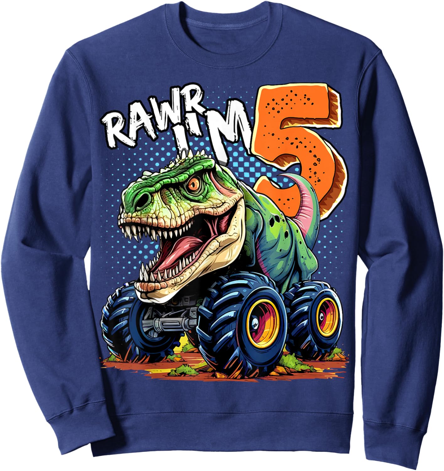 Monster Truck Dinosaur T-Rex 5th Birthday Boy 5 Year Old Sweatshirt - Sweatshirt | Navy