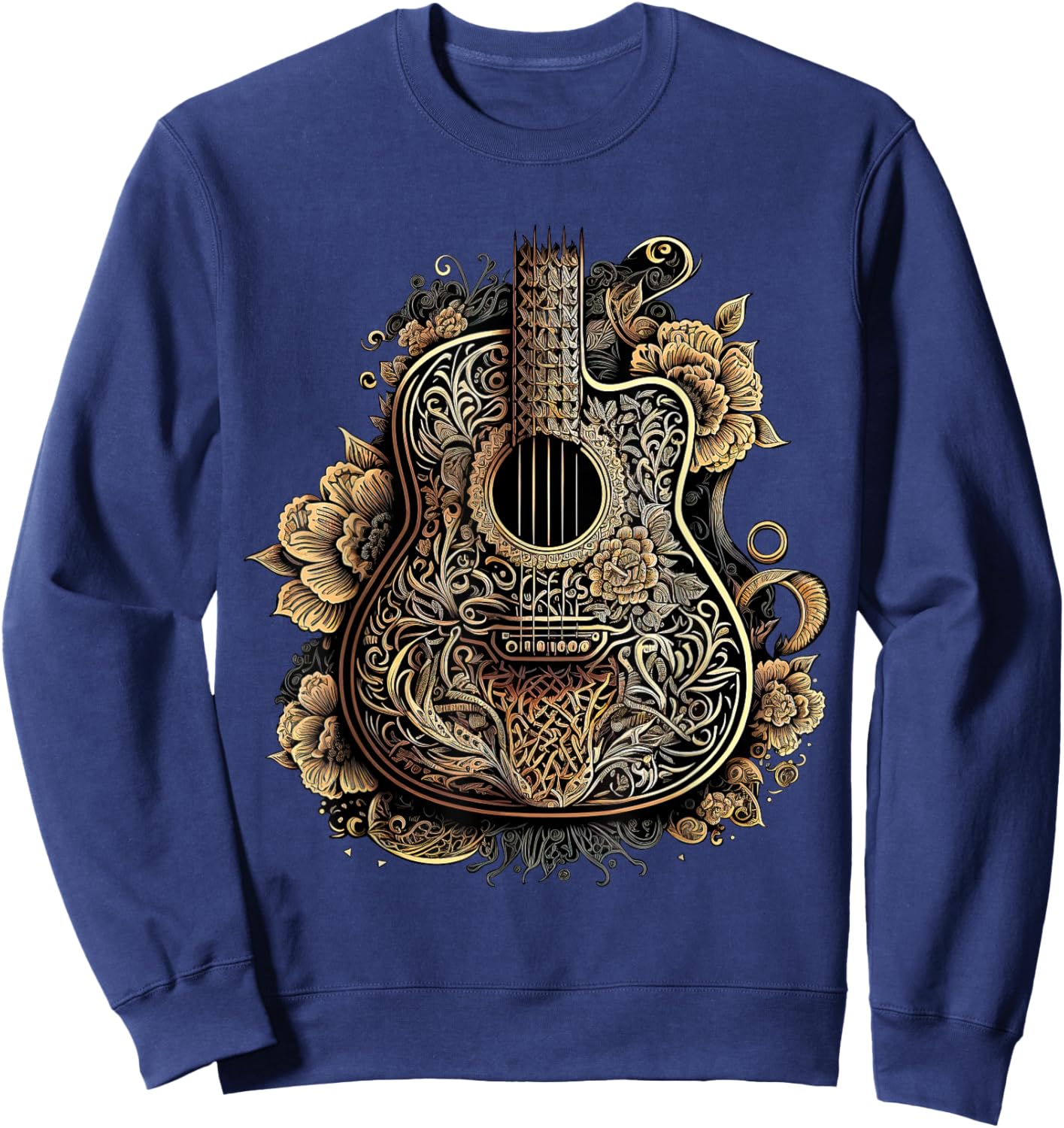 Guitar Graphic Music Lover - Acoustic Guitar Musician Floral Sweatshirt - Sweatshirt | Navy