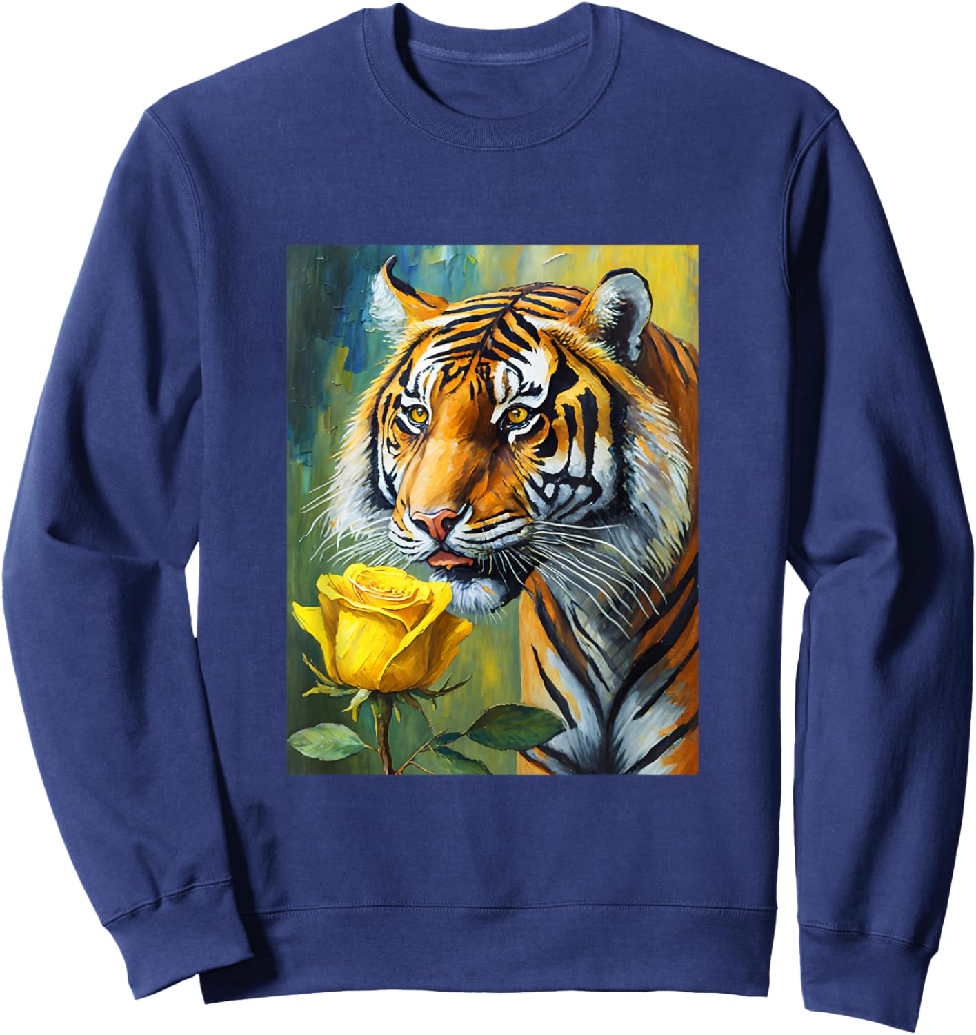 Tiger Sniffing a Yellow Rose Illustration Graphic Design Sweatshirt - Sweatshirt | Navy
