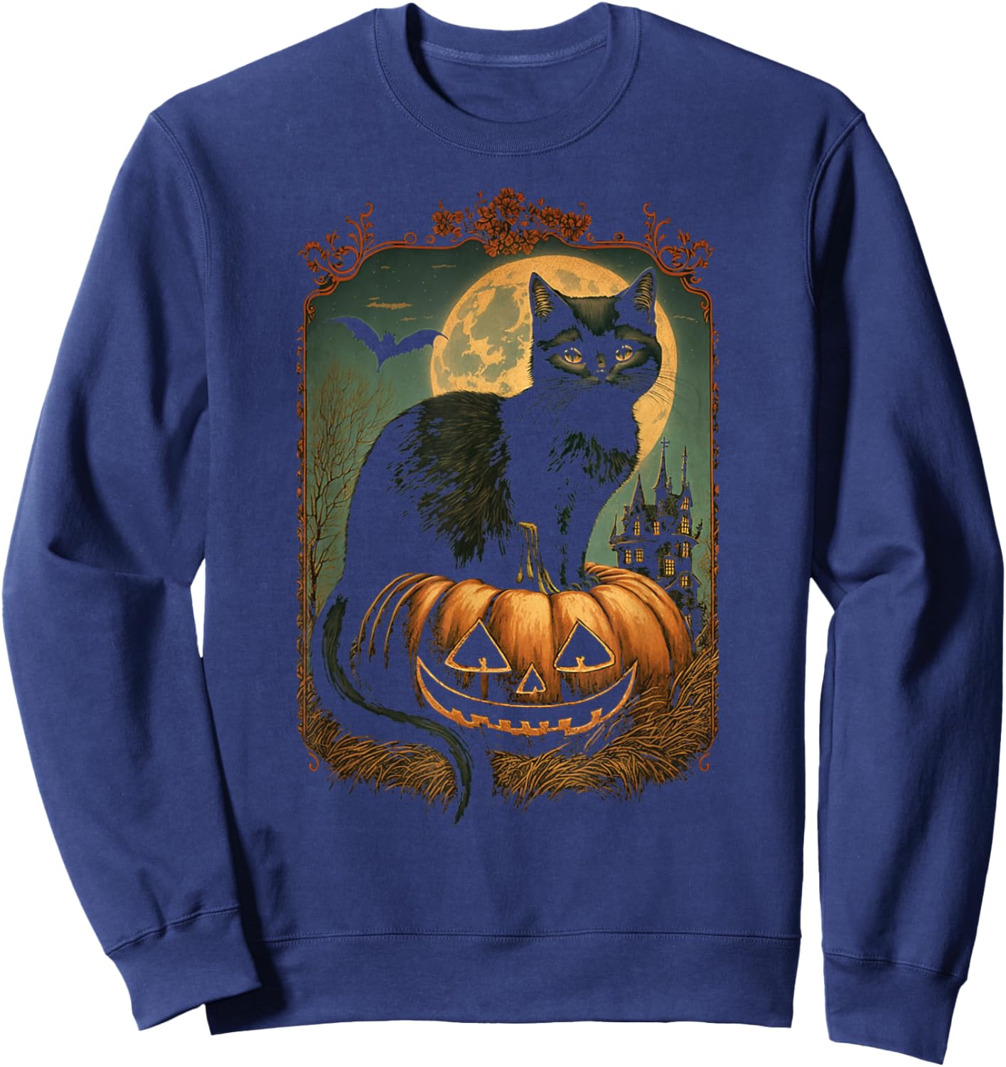 Black Cat Sitting On Jack-o-lantern On Halloween Night Women Kids Sweatshirt - Sweatshirt | Navy