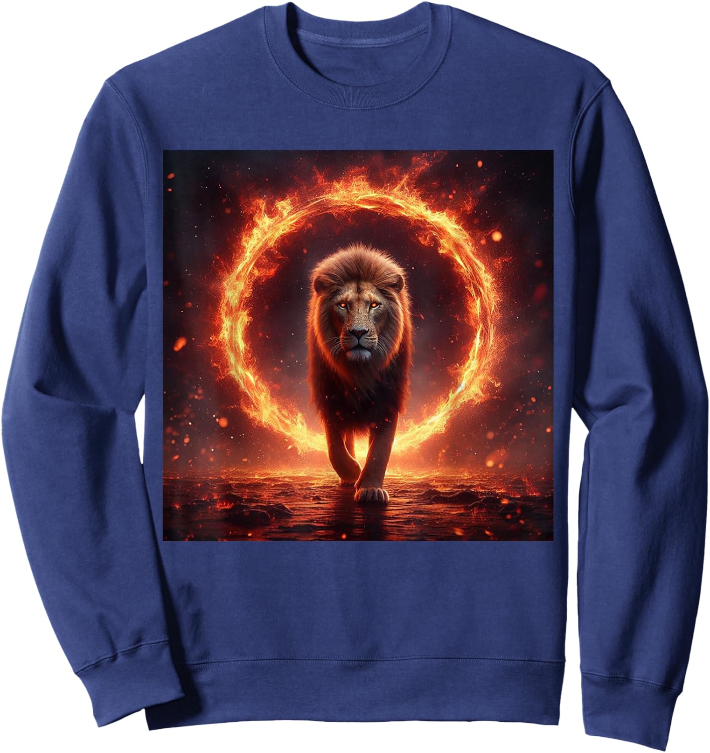 Safari Lion Walking Through Fire - Animal Big Cat Nature Men Women Girls Kids Sweatshirt - Sweatshirt | Navy