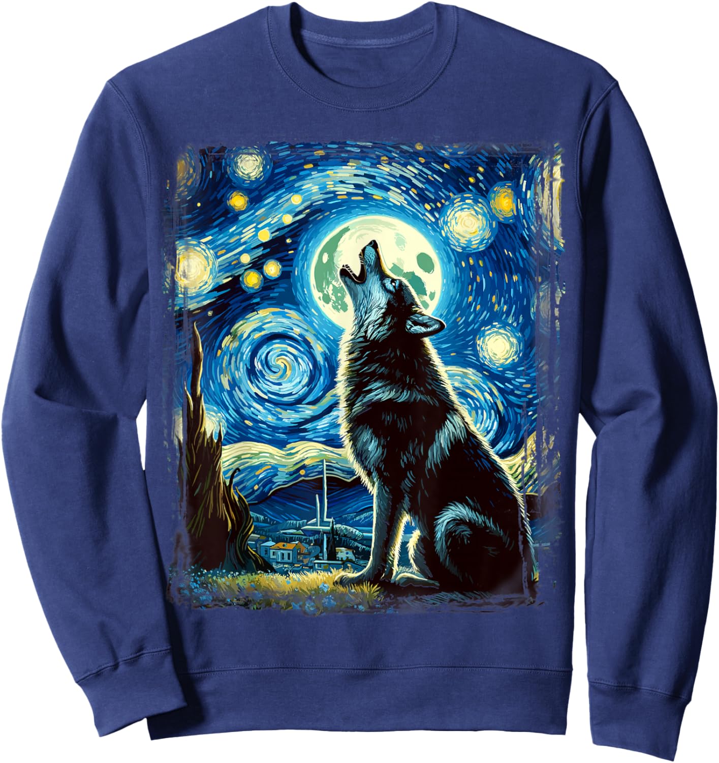 Wolf Star Gazer - Artistic Van Gogh Style Starry Night Wolf Sweatshirt - Sweatshirt | Navy