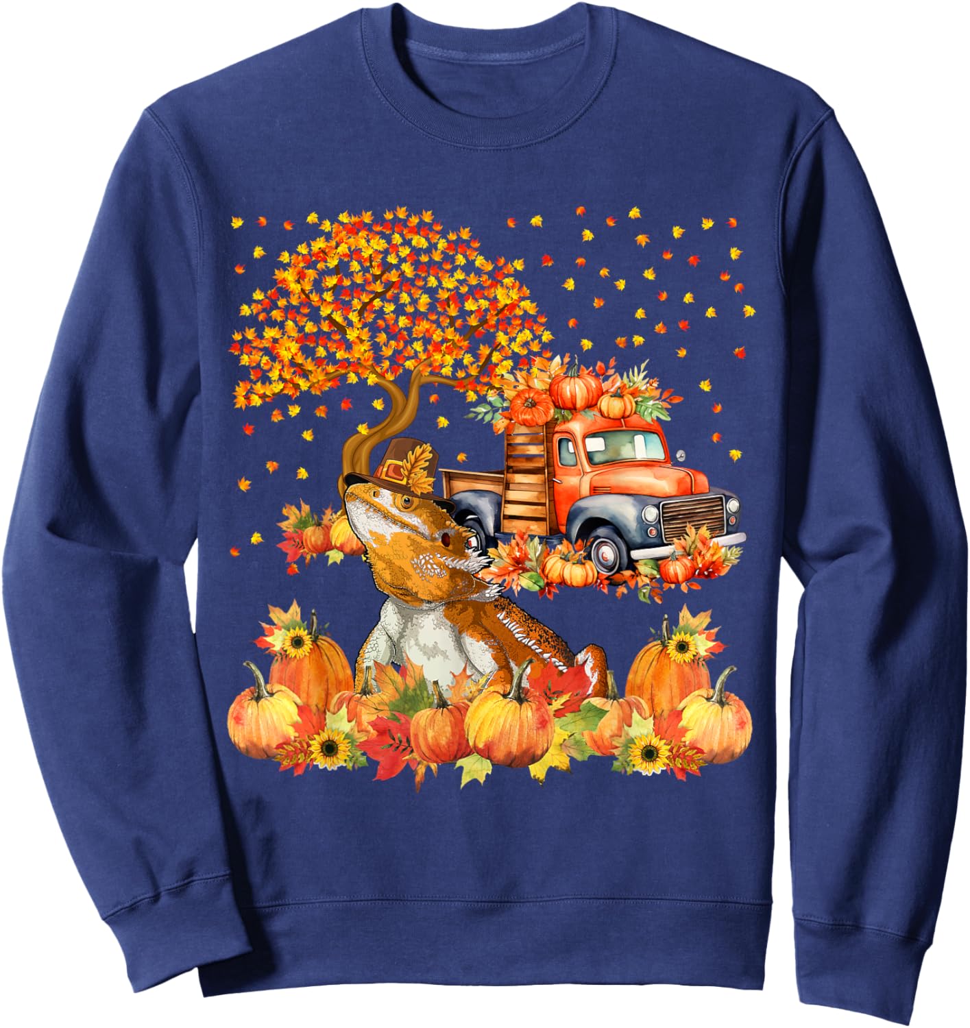 Thanksgiving Bearded Dragon with Fall Pumpkins Sunflowers Sweatshirt - Sweatshirt | Navy