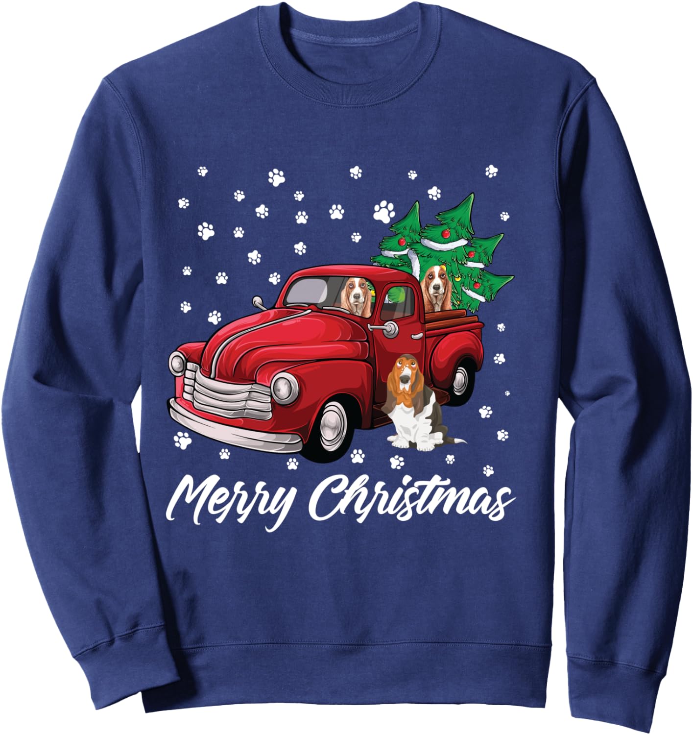 Red Truck Merry Christmas Tree Basset Hound Christmas Sweatshirt - Sweatshirt | Navy