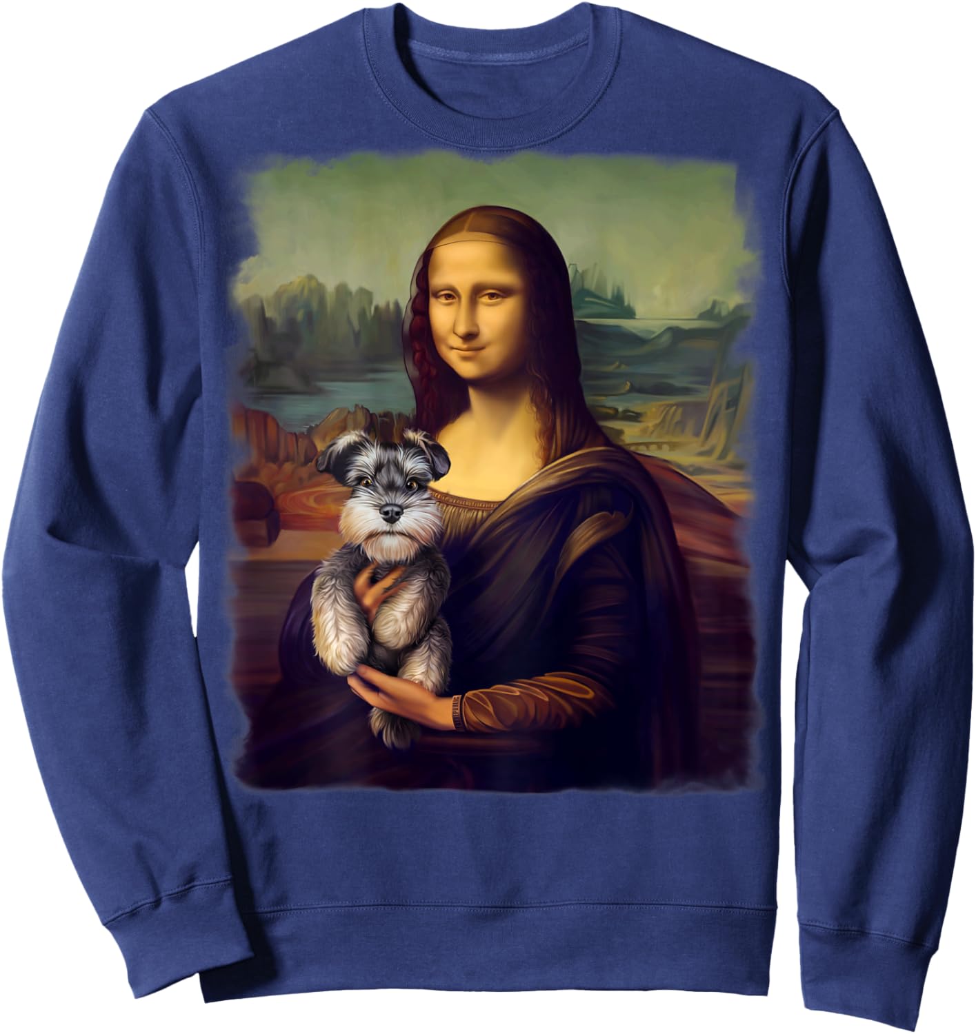 Mona Lisa Holding a Schnauzer Funny Dog Art Parody Sweatshirt - Sweatshirt | Navy