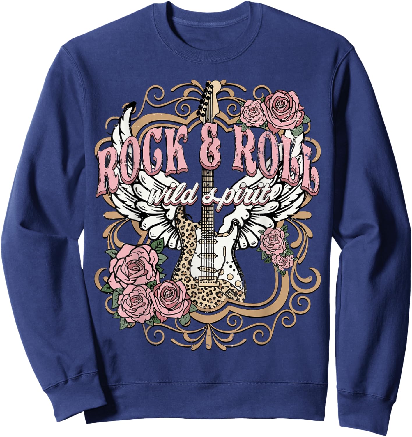 Vintage Rock n Roll Wild Spirit Lets Rock Guitar Floral Sweatshirt - Sweatshirt | Navy