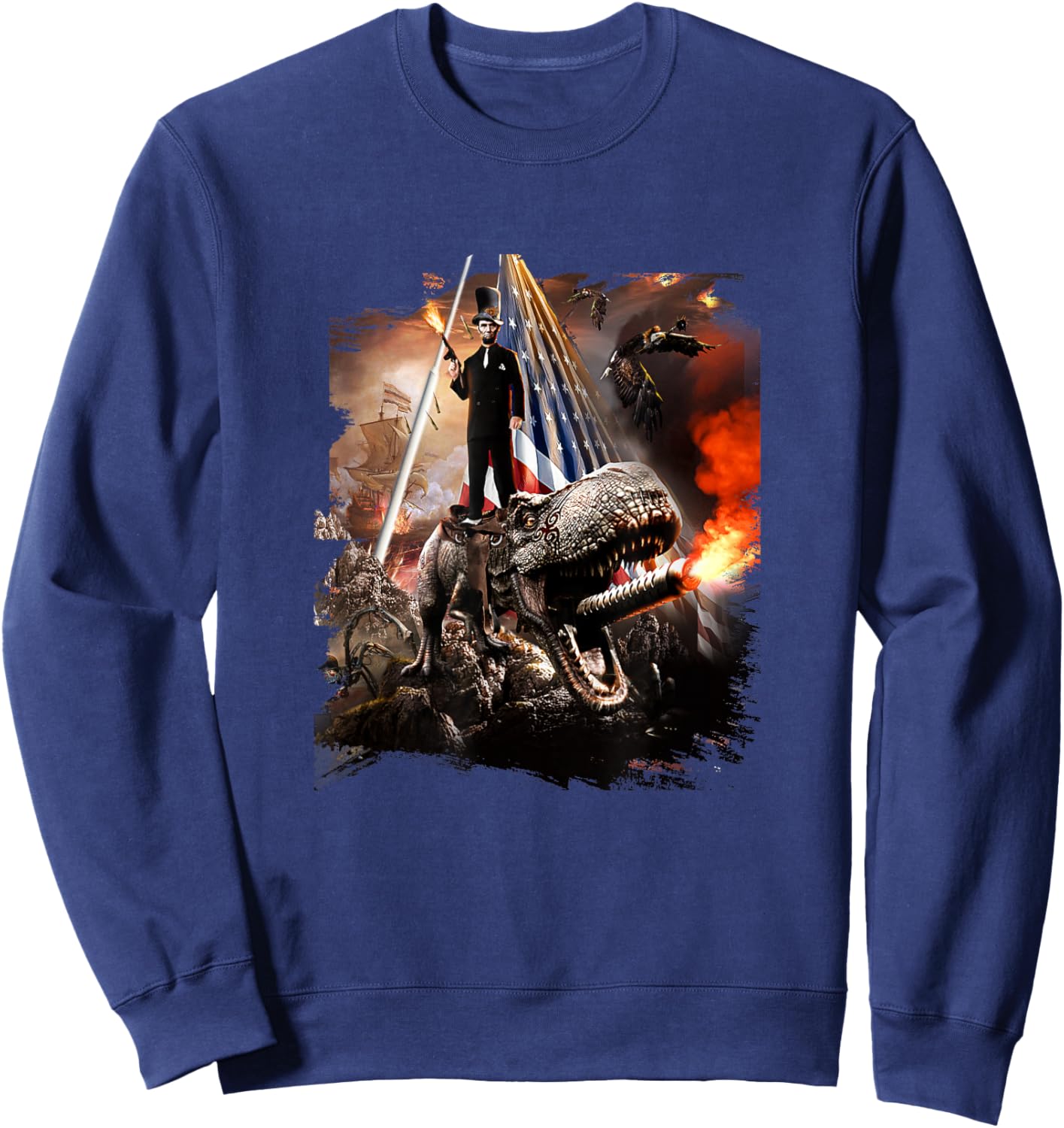 Abe Lincoln Riding Dinosaur American Patriotic Funny Sweatshirt - Sweatshirt | Navy