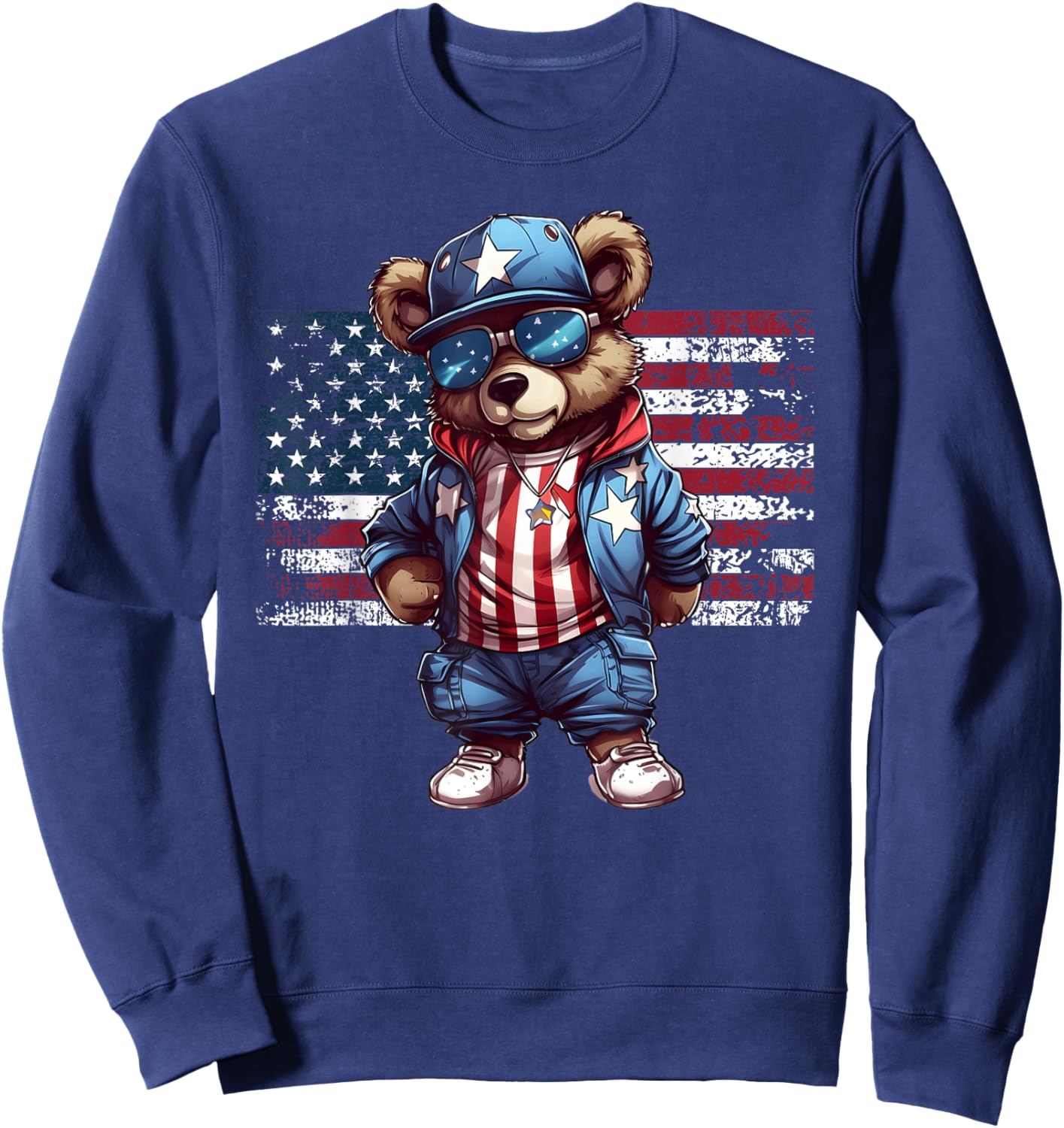 4th of July Hip Hop Teddy Bear USA Streetwear American Flag Sweatshirt - Sweatshirt | Navy