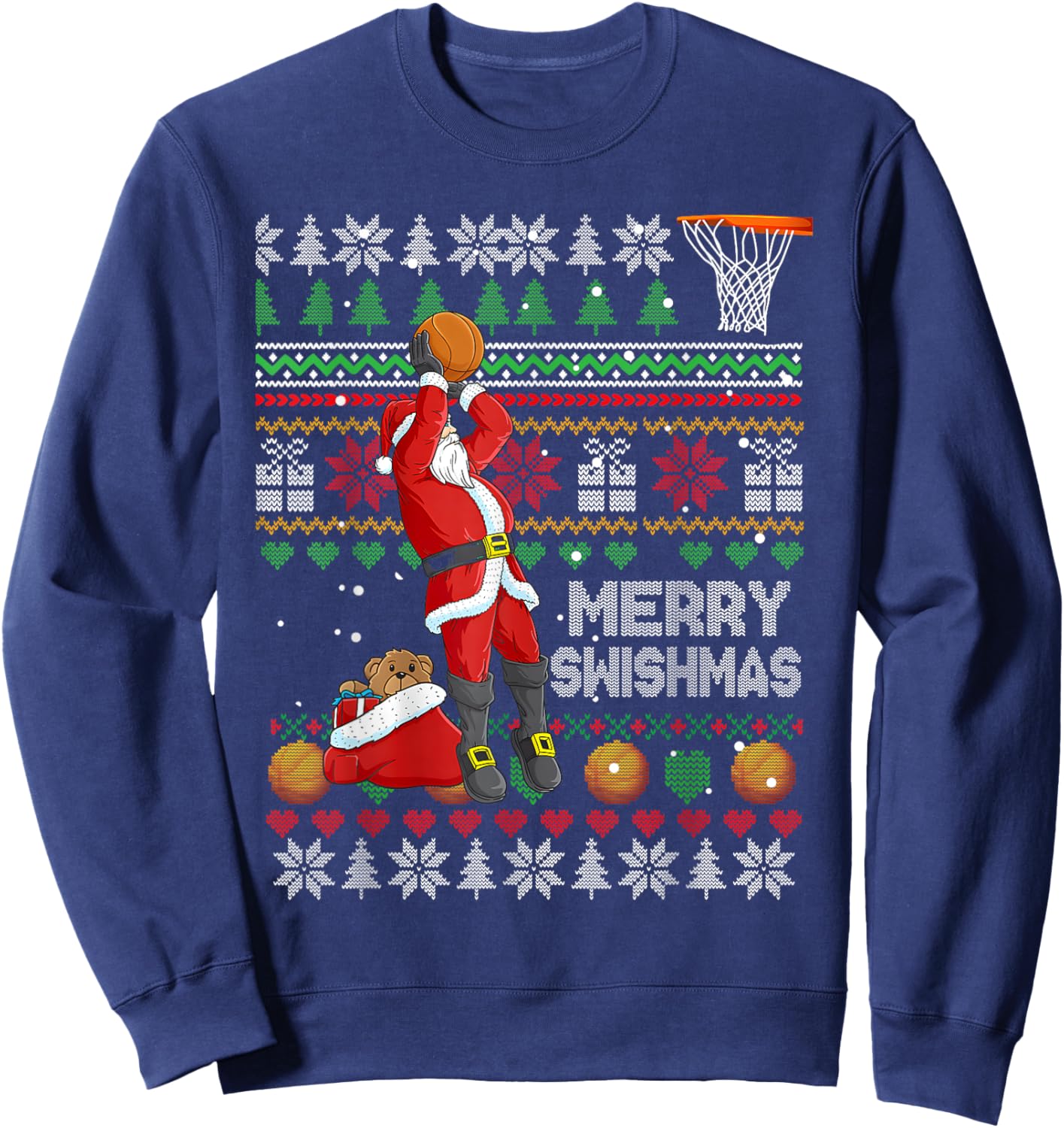 Funny Merry Swishmas Christmas Santa Playing Basketball Kids Sweatshirt - Sweatshirt | Navy