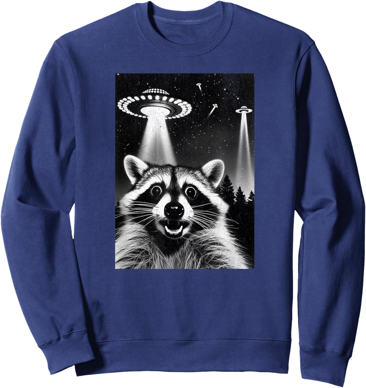 Raccoon UFO | Funny Invasion Meme Alien Raccoon UFO Selfie Sweatshirt - Sweatshirt | Navy