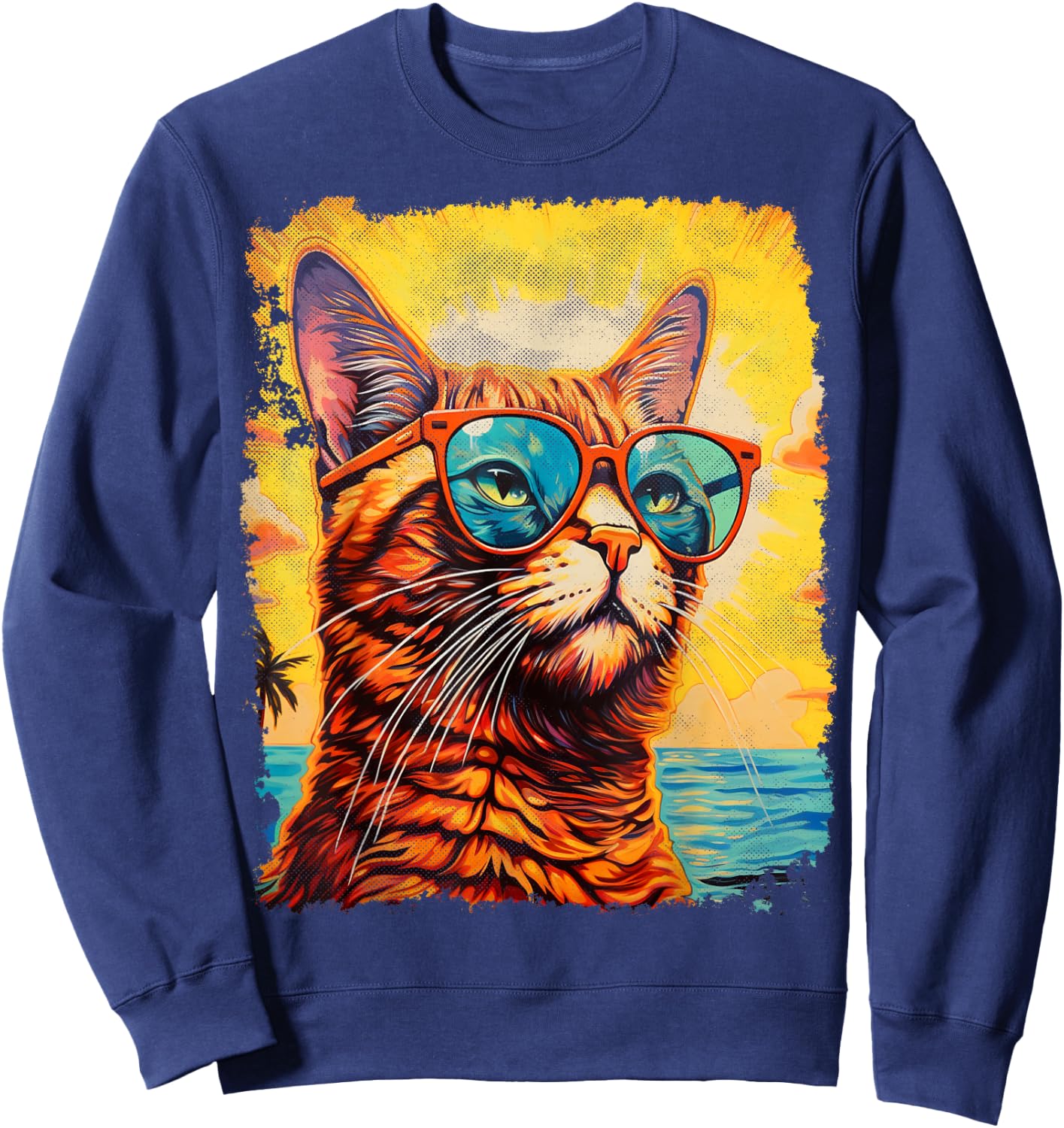 Cat with Sunglasses Graphic Hawaiian Sweatshirt - Sweatshirt | Navy
