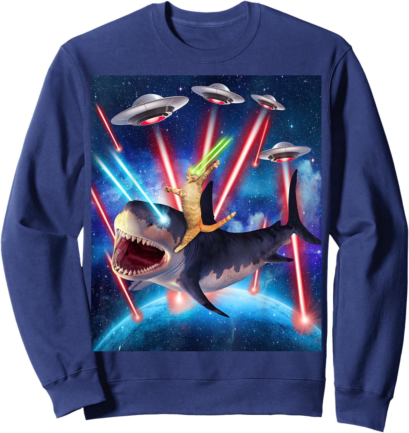 Space Cat Riding Shark Laser Eyes UFO Funny Kitty Cat Women Girls Kids Sweatshirt - Sweatshirt | Navy