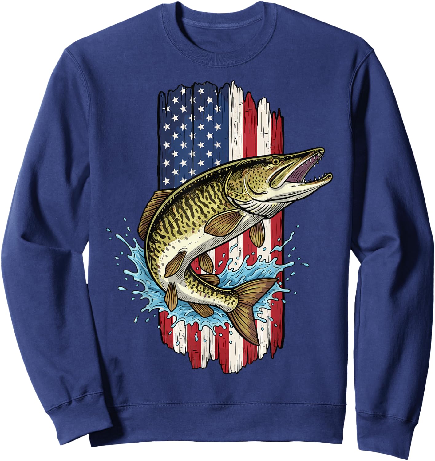 Musky Fishing, American Flag with Musky Sweatshirt - Sweatshirt | Navy