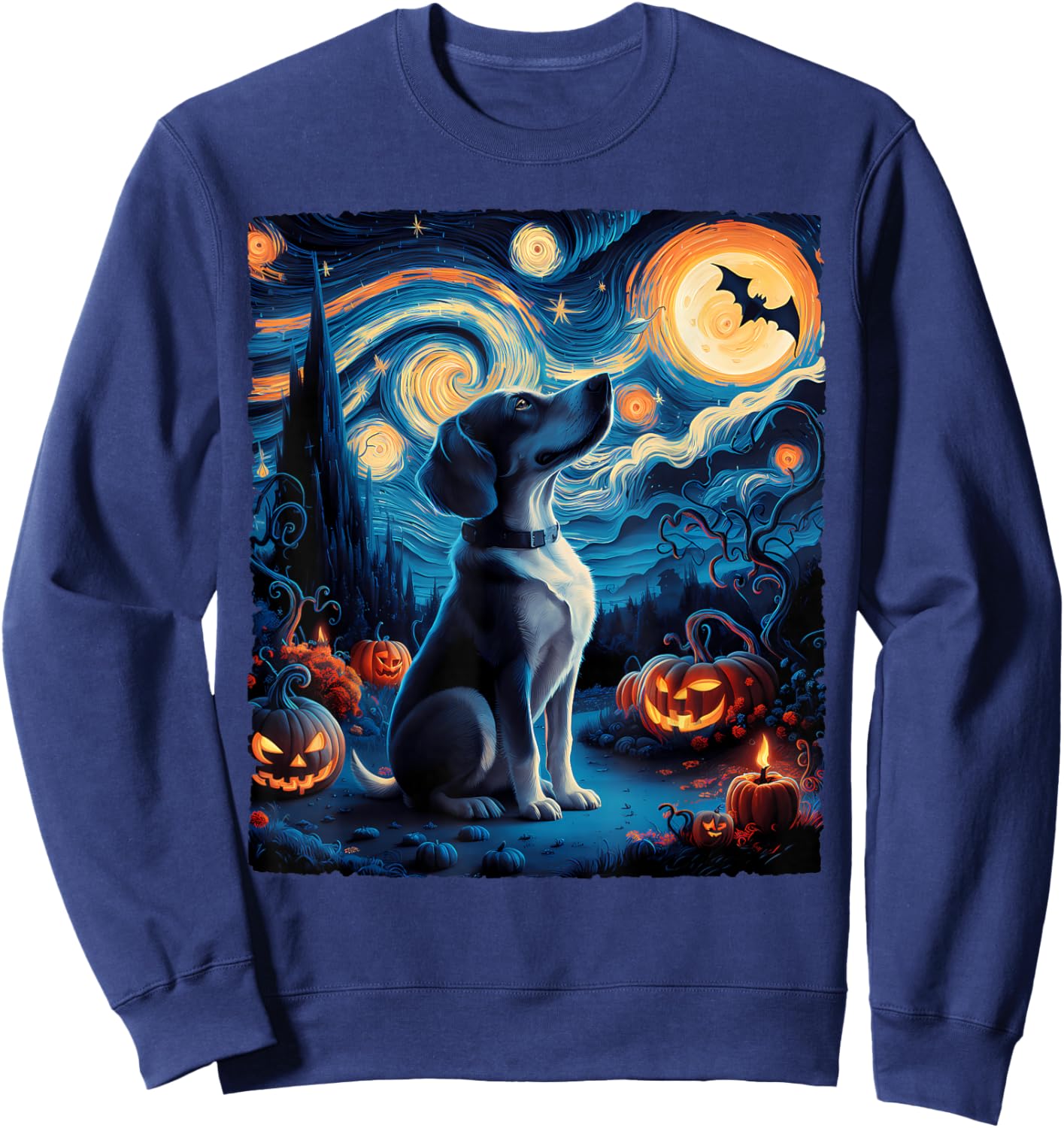 Van Gogh' Starry Night Dog Pumpkins Bats Funny Halloween Women Kids Sweatshirt - Sweatshirt | Navy