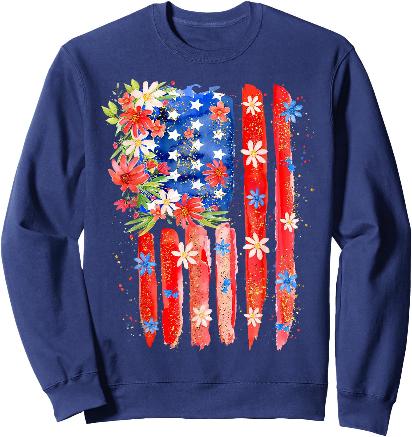 Flower Brushstroke US Flag 4th Of July Patriotic Graphic Sweatshirt - Sweatshirt | Navy